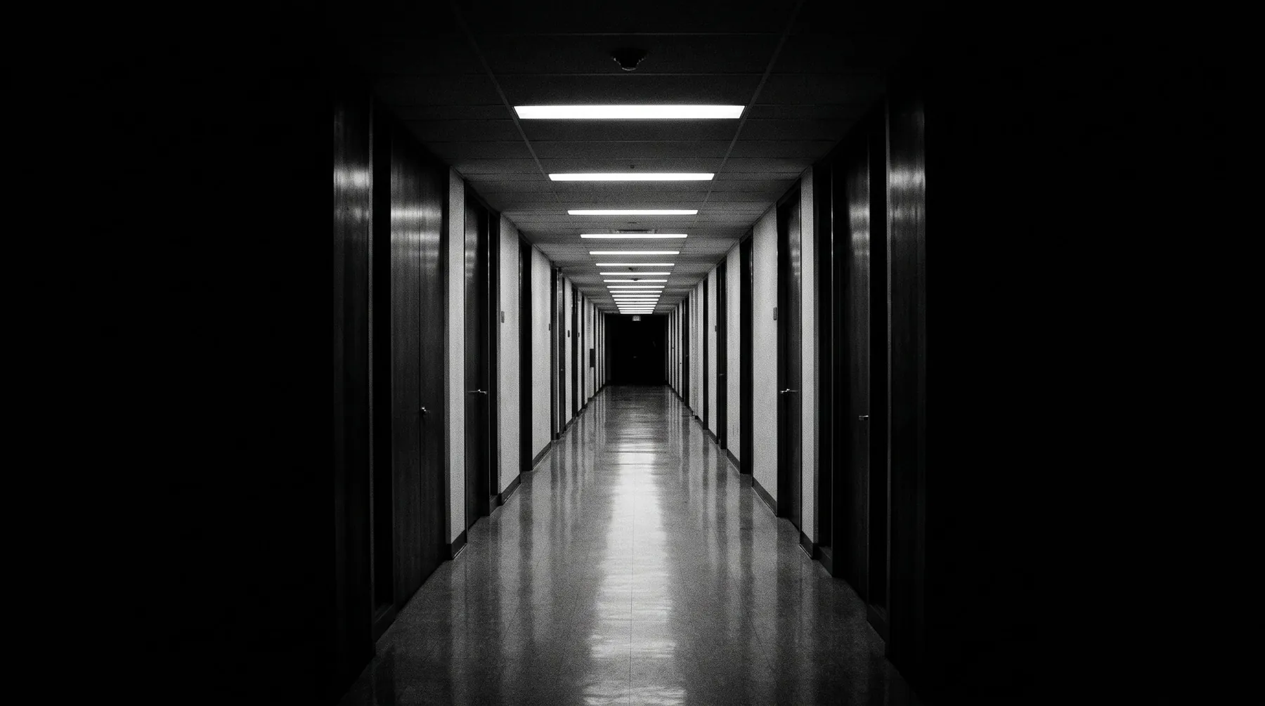 Couloir de bureaux vide la nuit, bandeaux lumineux en perspective